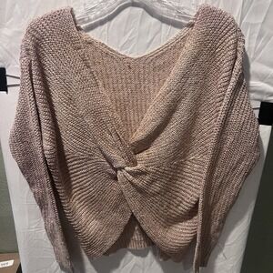 Immodel Women's Pink  Knot Front Sweater Size S Metallic Thread V Neck